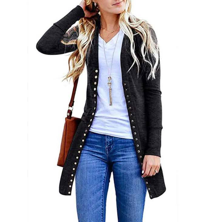 Halife Women's Long Sleeve Snap Button Down Knit Ribbed Neckline Cardigan Sweater