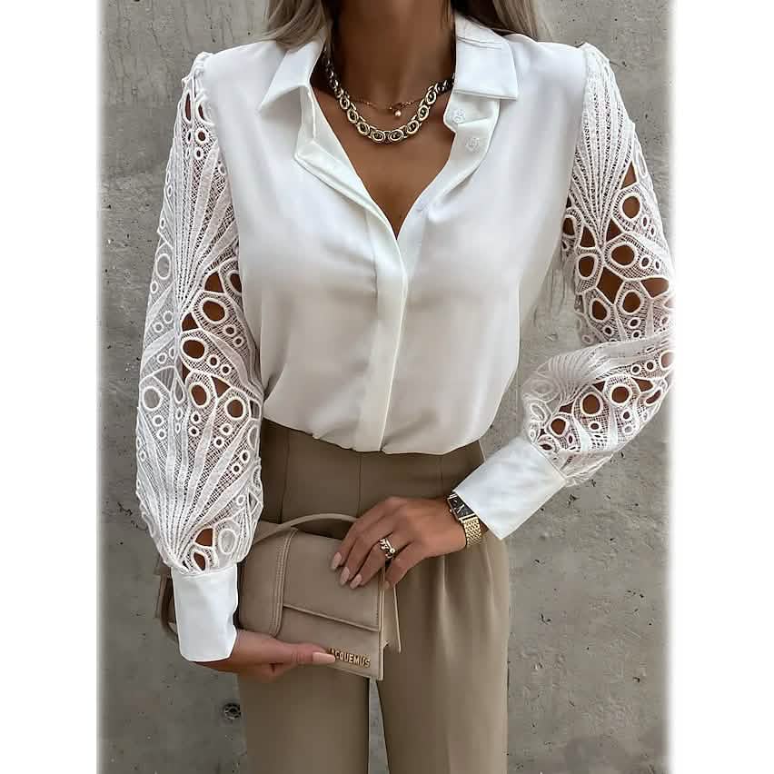 Women's Long Sleeve Cutout Lace Button Down Shirt