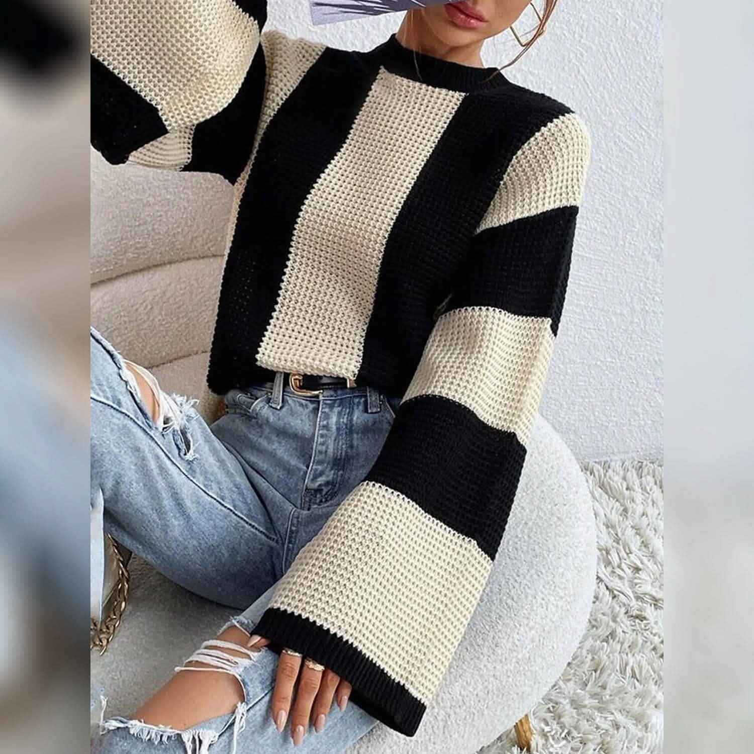 Women's Pullover Ribbed Knit Patchwork Striped Sweater